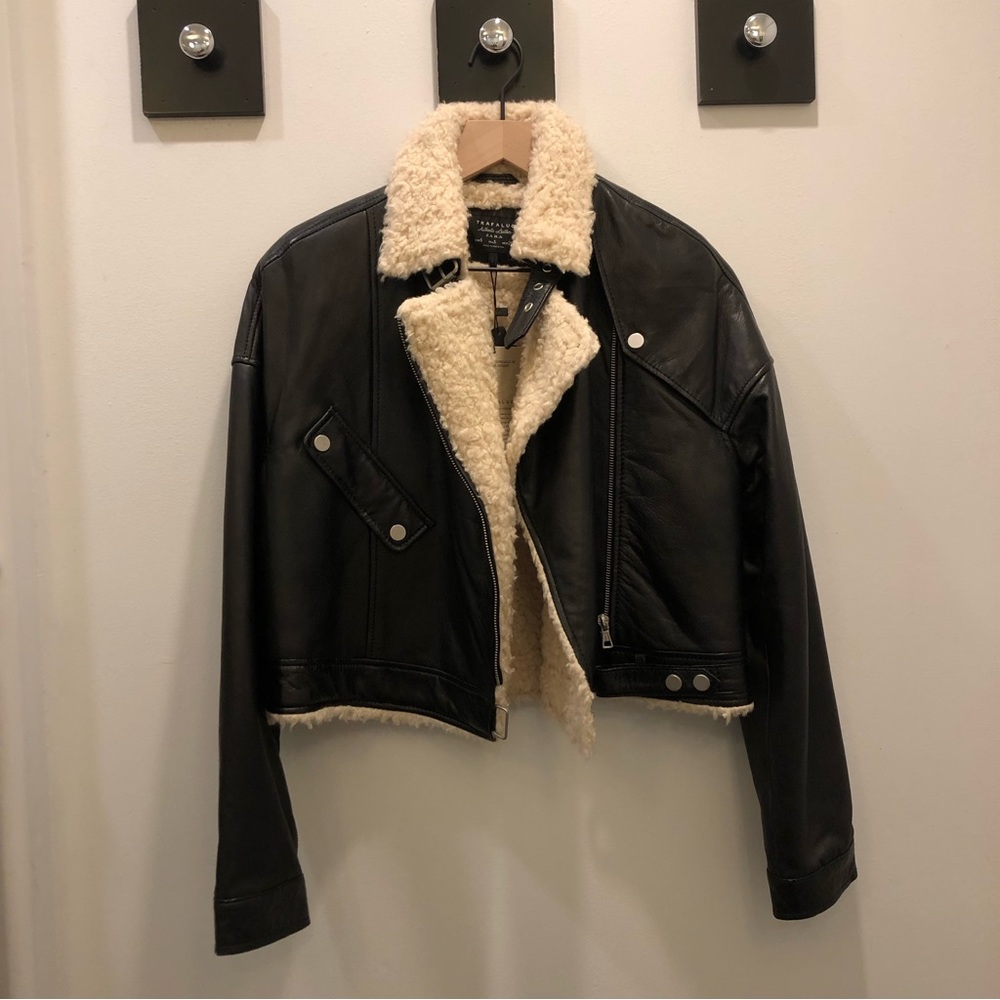 Zara Black Genuine Leather Jacket with Cream Shearling Lining. NEW